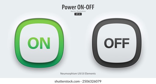 Icono de poder. Un conjunto de Botones activos e inactivos tienen luces de neón con símbolos de poder. Botón 3D estilo neumático de moda para App, Sitios web, interfaces. ELEMENTOS de UI UX. Ilustración vectorial.