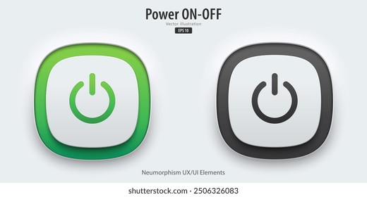 Power icon. A set of active and inactive buttons have neon lights with Power symbols. 3D button trendy neumorphic style for apps, websites, interfaces. UI UX elements. Vector illustration.