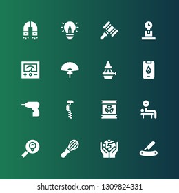 power icon set. Collection of 16 filled power icons included Blade, Ecology, Mixer, Lightbulb, Weightlifting, Radioactive, Drill, Driller, Fire, Flame, Fan, Voltmeter, Weight