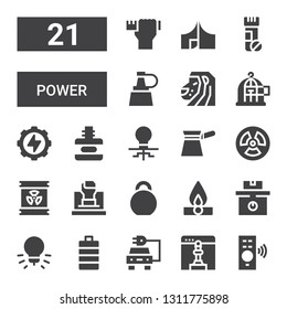 power icon set. Collection of 21 filled power icons included Remote control, Chess, Electric car, Full battery, Idea, Weight, Fire, Kettlebell, Fist, Radioactive, Radiation, Filter