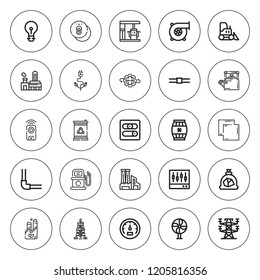 Power icon set. collection of 25 outline power icons with barrel, bulldozer, coal, derrick, cymbals, electric tower, factory, gear, green power, fan icons. editable icons.