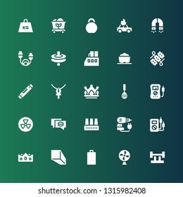 power icon set. Collection of 25 filled power icons included Barbell, Fan, Empty battery, Minerals, Crown, Voltmeter, Driller, Factory, Puck, Radiation, Mixer, Ankh, Level, Wires
