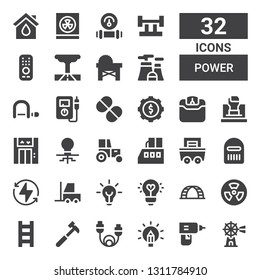 power icon set. Collection of 32 filled power icons included Windmill, Drill, Creativity, Cable, Hammer, Ladder, Nuclear, Idea, Forklift, Bolt, Warrior, Mining, Factory, Tractor