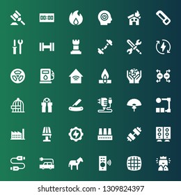 power icon set. Collection of 36 filled power icons included Queen, Grid, Remote control, Horse, Electric car, Usb cable, Woofer, Dumbbell, Factory, Energy, Lamp, Wire, Fan, Charger