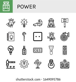 power icon set. Collection of Tramway, Superhero, Idea, Electric car, Electrician, Hammer, Sceptre, Socket, Wrestler, Turbo, Light bulb, Remote control, Plug, Torch, Gear icons