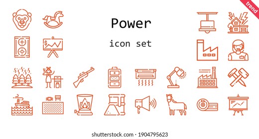 power icon set. line icon style. power related icons such as factory, gorilla, components, woman, storm, hammer, fuel, lamp, battery, presentation, horse, speaker, gas, boxing, air conditioner, fire