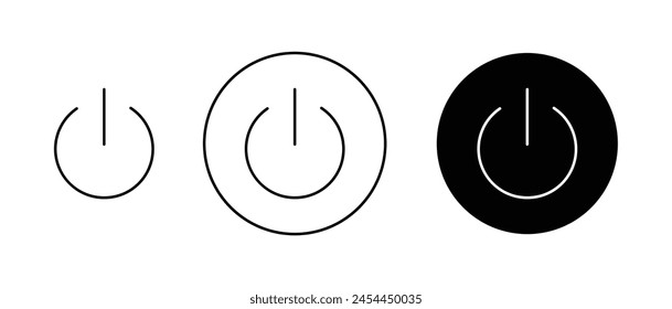 Power icon set. turn off switch vector symbol. computer start and shutdown button. start and stop sign in black filled and outlined style.