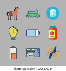 power icon set. vector set about light bulb, air conditioner, battery and horse icons set.