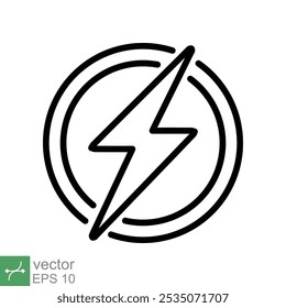 Stromversorgungssymbol. Einfaches Gliederungsformat. Blitz im Kreis, Elektro, Blitz, Batterieladung, Spannung, Donner, Blitz, Sturm, Energiekonzept. Linie, Vektorgrafik einzeln auf weißem Hintergrund. EPS 10.