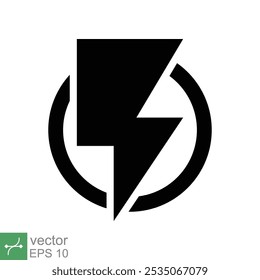 Ícone de energia. Estilo sólido simples. Relâmpago em círculo, elétrico, flash, carga da bateria, tensão, trovão, parafuso, tempestade, conceito de energia. Ilustração de vetor de glifo isolada no plano de fundo branco. EPS 10.