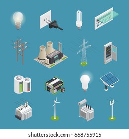 Power icons isometric set with electrical connector socket plug bulb and windmill energy generator isolated vector illustration 