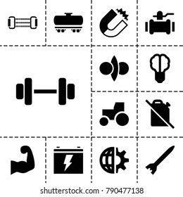 Power icons. set of 13 editable filled power icons such as tractor, pump, magnet, brain bulb, no oil, muscular arm, rocket bomb, battery, barbell, expander sport, atom fusion