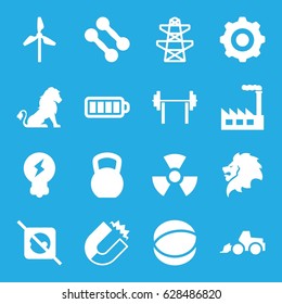 Power icons set. set of 16 power filled icons such as lion, excavator, pylon, baterry, atom, bulb, gear    sign symb, radiation, factory, mill, no plug, magnet, dumbbell