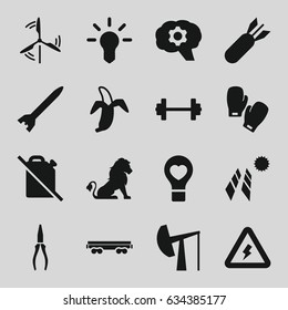 Power icons set. set of 16 power filled icons such as lion, pliers, banana, cargo wagon, bulb heart, voltage warning, mill, boxing gloves, oil derrick, rocket bomb, bulb, gear