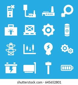 Power icons set. set of 16 power filled icons such as battery, pylon, garden hammer, cargo on palette, baterry, factory, bulb, gear    sign symb, panel control, woman symbol