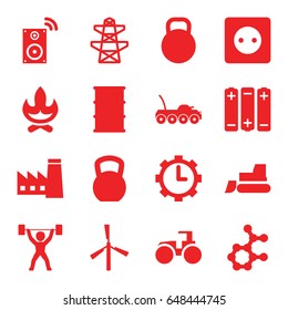 Power icons set. set of 16 power filled icons such as mill, factory, plug socket, tractor, pylon, barrel, clock in gear, kettle, power lifter, music loudspeaker, battery