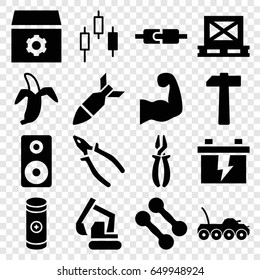 Power icons set. set of 16 power filled icons such as gear, battery, excavator, pliers, banana, cargo on palette, loudspeaker, muscular arm, hammer, rocket bomb, military car