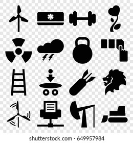 Power icons set. set of 16 power filled icons such as lion, thunder, push button, tractor, ladder, barbell, heart flower, air conditioner, mill, kettle, oil derrick