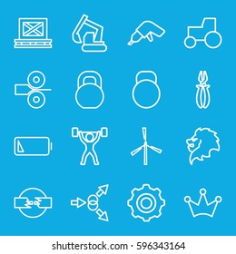 power icons set. Set of 16 power outline icons such as lion, mill, Crown, drill, excavator, tractor, pliers, barbell, cargo on palette, low battery, gear    sign symb