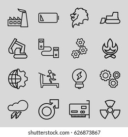 Power icons set. set of 16 power outline icons such as thunder, lion, treadmill, factory, excavator, tractor, low battery, gear, bulb, radiation, clobe gear, man symbol