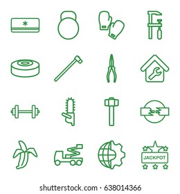 Power icons set. set of 16 power outline icons such as jackpot, crane, pliers, chainsaw, garden hammer, banana, home repair, air conditioner, smoke bomb, kettle, boxing gloves