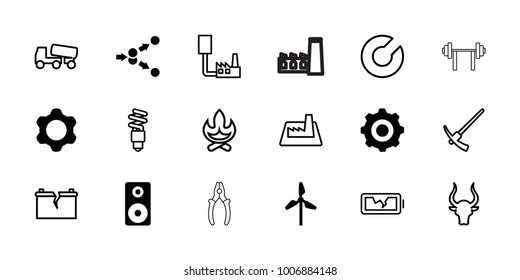 Power icons. set of 18 editable filled and outline power icons: mill, loudspeaker, gear, gear    sign symb, bull, concrete mixer, bonfire, expander sport