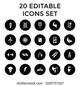 Power icons. set of 20 editable filled power icons such as flash, control panel, barbell, sport expander, ladder, mill. best quality power elements in trendy style.