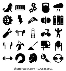 Power icons. set of 25 editable filled power icons such as tank, lion, electric saw, gear, barbell, banana, atom fusion, clobe gear, arm lever, cable, ful battery, bodybuilder
