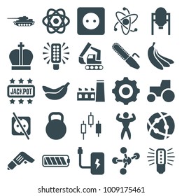Power icons. set of 25 editable filled power icons such as tank, tractor, control panel, atom, bulb, battery, bodybuilder, kettle, crown, banana, gear    sign symb, factory