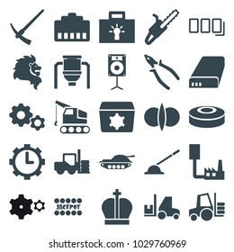 Power icons. set of 25 editable filled power icons such as forklift, pliers, chain saw, atom fusion, bulb, gear, phone cable, phone connection cable, clock in gear