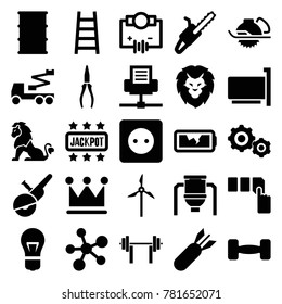Power icons. set of 25 editable filled power icons such as push button, crane, pliers, electric saw, electricity, ladder, chain saw, barrel, atom, phone connection cable