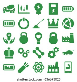 Power icons set. set of 25 power filled icons such as factory, crown, gear, concrete mixer, barbell, bulb heart, atom, baterry, arm lever, ful battery, broken battery