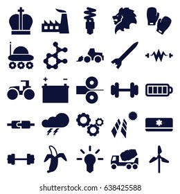 Power icons set. set of 25 power filled icons such as lion, thunder, factory, concrete mixer, excavator, tractor, barbell, banana, baterry, air conditioner, fluorescent lamp
