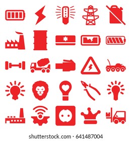 Power icons set. set of 25 power filled icons such as lion, barbell, factory, concrete mixer, pliers, pylon, barrel, forklift, bulb heart, crown, ful battery, broken battery
