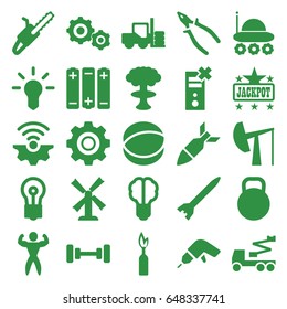 Power icons set. set of 25 power filled icons such as forklift, mill, barbell, jackpot, bulb, drill, crane, pliers, chain saw, atom, gear, bodybuilder, kettle