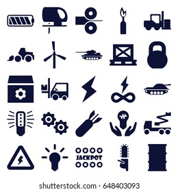 Power icons set. set of 25 power filled icons such as mill, forklift, jackpot, gear, excavator, crane, electric saw, chainsaw, barrel, barbell, cargo on palette