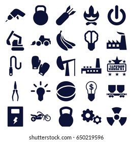 Power icons set. set of 25 power filled icons such as jackpot, factory, drill, excavator, pliers, cargo wagon, atom, wire, battery, kettle, boxing gloves, banana, motorcycle