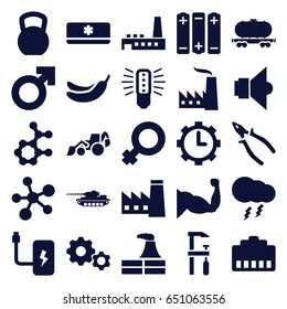 Power icons set. set of 25 power filled icons such as factory, banana, excavator, pliers, chainsaw, muscle, cargo wagon, clock in gear, air conditioner, lamp, thunderstorm