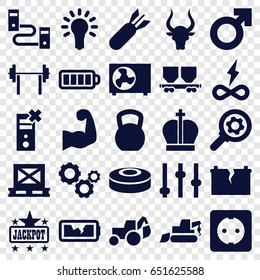 Power icons set. set of 25 power filled icons such as bull, jackpot, excavator, cargo on palette, cargo wagon, baterry, broken battery, plug socket, air conditioner