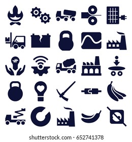 Power icons set. set of 25 power filled icons such as factory, concrete mixer, crane, barbell, forklift, bulb heart, gear, broken battery, kettle, banana, solar panel