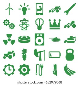 Power icons set. set of 25 power filled icons such as crown, excavator, pylon, chainsaw, clock in gear, wire, low battery, gear, fluorescent lamp, muscular arm  on phone
