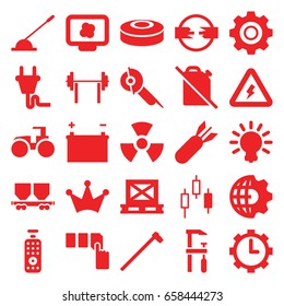Power icons set. set of 25 power filled icons such as crown, push button, tractor, electric saw, chainsaw, garden hammer, cargo on palette, cargo wagon, arm lever