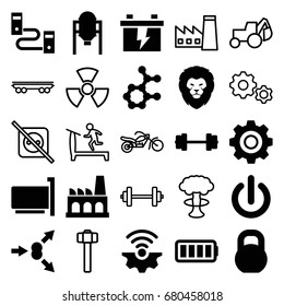 Power icons set. set of 25 power filled and outline icons such as tank, lion, battery, barbell, ful battery, factory, gear, switch off, atom move, atom, gear connection