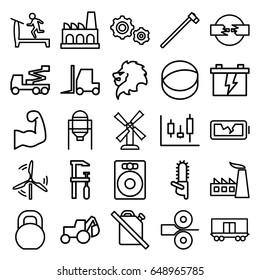 Power icons set. set of 25 power outline icons such as lion, tank, mill, treadmill, factory, battery, excavator, tractor, crane, chainsaw, garden hammer, barbell, cargo wagon