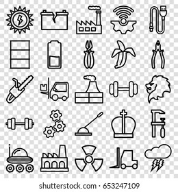 Power icons set. set of 25 power outline icons such as lion, factory, tractor, pliers, chainsaw, chain saw, barrel, barbell, banana, forklift, arm lever, wire, broken battery