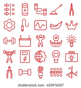 Power icons set. set of 25 power outline icons such as banana, crown, jackpot, pliers, barbell, bulb heart, arm lever, battery, wire, light bulb, fluorescent lamp, mill, gear