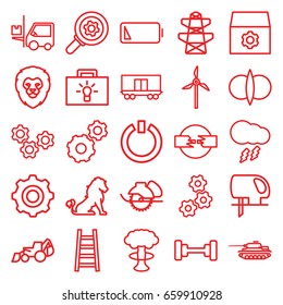 Power icons set. set of 25 power outline icons such as lion, barbell, gear, excavator, electric saw, pylon, ladder, forklift, cargo wagon, low battery, thunderstorm