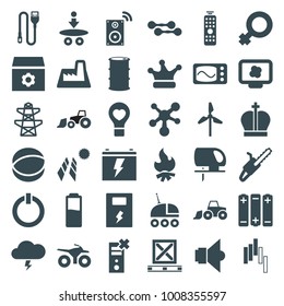 Power icons. set of 36 editable filled power icons such as gear, electric saw, pylon, woman symbol, chain saw, atom, mill, solar panel, atom on display, bulb heart, no charge