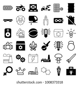 Power icons. set of 36 editable filled and outline power icons such as gear, electric saw, motorcycle, barrel, bulb, no oil, endless battery, cargo on palette, cargo wagon