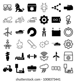 Power icons. set of 36 editable filled and outline power icons such as mill, phone cable, phone connection cable, factory, fluorescent lamp, battery, gear    sign symb, tank